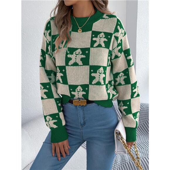 Christmas Checkerboard Gingerbread Round Neck Sweater - Picture 2 of 11